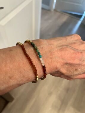 Multi-Color Beaded Stretch Bracelet Set - Green, Amber & Rose gold filled